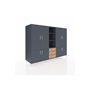 Kronos Dolap 11 Raflı 3 Çekmeceli 8 Kapaklı 220x59x163 Antrasit-antrasit/çam