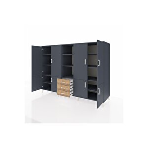 Kronos Dolap 11 Raflı 3 Çekmeceli 8 Kapaklı 220x59x163 Antrasit-antrasit/çam