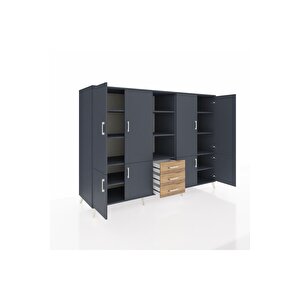 Kronos Dolap 11 Raflı 3 Çekmeceli 8 Kapaklı 220x59x163 Antrasit-antrasit/çam