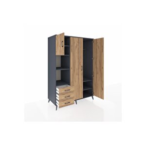 Kronos Dolap 6 Raflı 3 Çekmeceli Tek Askılı 132x59x195 Antrasit-çam/çam