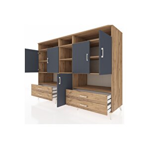 Kronos Dolap 12 Raflı 4 Çekmeceli 5 Kapaklı 220x59x163 Çam-antrasit/çam