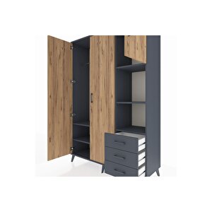 Hyperion Dolap 5 Raflı 3 Çekmeceli Tek Askılı 132x44x195 Antrasit-çam/antrasit