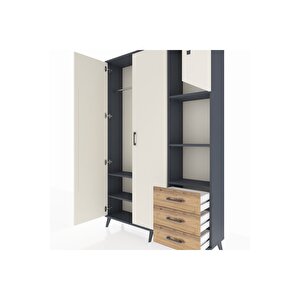 Arges Dolap 5 Raflı 3 Çekmeceli Tek Askılı 132x30x195 Antrasit-aytaşı/çam