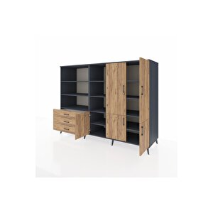 Kronos Dolap 11 Raflı 3 Çekmeceli 5 Kapaklı 220x59x163 Antrasit-çam