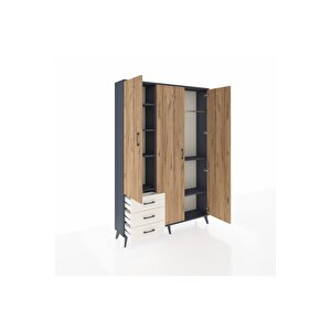 Arges Dolap 6 Raflı 3 Çekmeceli Tek Askılı 132x30x195 Antrasit-çam/aytaşı