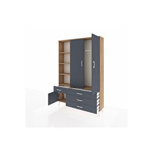 Arges Gardrop 5 Raflı 4 Çekmeceli Tek Askılı 132x30x195 Çam-antrasit