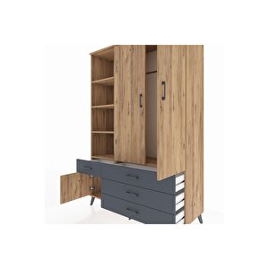 Hyperion Dolap 5 Raflı 4 Çekmeceli Tek Askılı 132x44x195 Çam-çam/antrasit