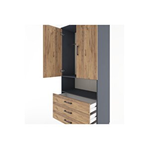 Hyperion Dolap 2 Raflı 3 Çekmeceli Tek Askılı 88x44x195 Antrasit-çam