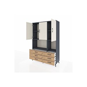 Hyperion Dolap 6 Raflı 6 Çekmeceli 3 Kapaklı 132x44x195 Antrasit-aytaşı/çam