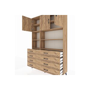 Arges Gardrop 8 Raflı 8 Çekmeceli 3 Kapaklı 132x30x195 Çam-çam