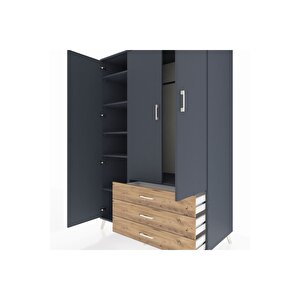 Kronos Dolap 6 Raflı 3 Çekmeceli Tek Askılı 132x59x195 Antrasit-antrasit/çam