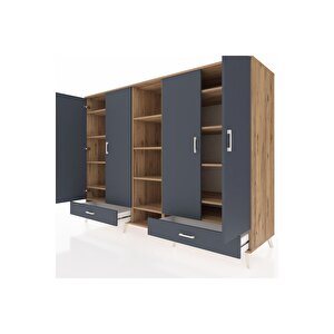 Kronos Dolap 14 Raflı 2 Çekmeceli 4 Kapaklı 220x59x163 Çam-antrasit