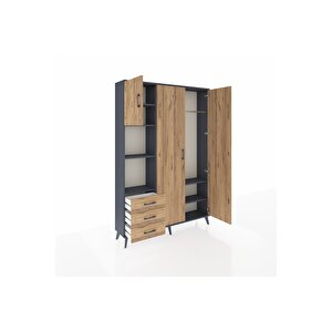 Arges Gardrop 6 Raflı 3 Çekmeceli Tek Askılı 132x30x195 Antrasit-çam