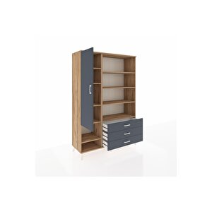 Hyperion Gardrop 9 Raflı 3 Çekmeceli Tek Kapaklı  132x44x195 Çam-antrasit