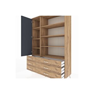 Hyperion Dolap 8 Raflı 6 Çekmeceli Tek Kapaklı  132x44x195 Çam-antrasit/çam