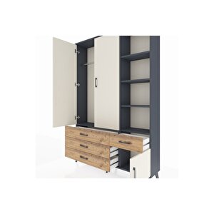 Arges Dolap 5 Raflı 4 Çekmeceli Tek Askılı 132x30x195 Antrasit-aytaşı/çam