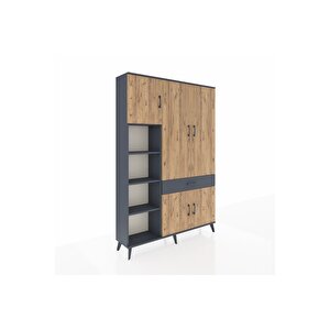 Arges Dolap 8 Raflı Tek Çekmeceli 5 Kapaklı 132x30x195 Antrasit-çam/antrasit