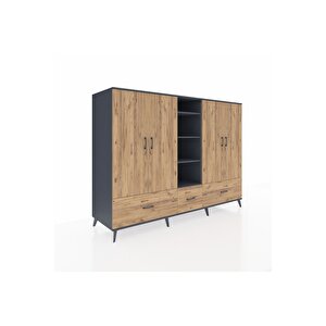 Kronos Dolap 12 Raflı 3 Çekmeceli 4 Kapaklı 220x59x163 Antrasit-çam