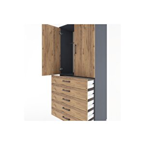 Hyperion Dolap Tek Raflı 5 Çekmeceli Tek Askılı 88x44x195 Antrasit-çam