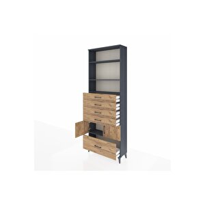 Arges Dolap 4 Raflı 5 Çekmeceli 2 Kapaklı 88x30x243 Antrasit-çam