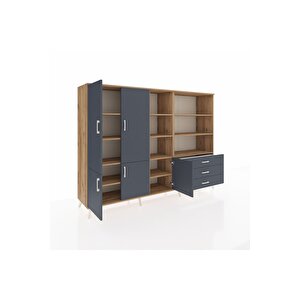 Hyperion Dolap 11 Raflı 3 Çekmeceli 5 Kapaklı 220x44x163 Çam-antrasit