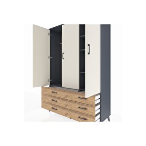 Hyperion Dolap 5 Raflı 6 Çekmeceli Tek Askılı 132x44x195 Antrasit-aytaşı/çam