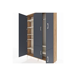 Arges Dolap 7 Raflı 5 Kapaklı Tek Askılı 132x30x195 Çam-antrasit/aytaşı