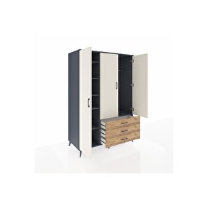 Kronos Dolap 6 Raflı 3 Çekmeceli Tek Askılı 132x59x195 Antrasit-aytaşı/çam