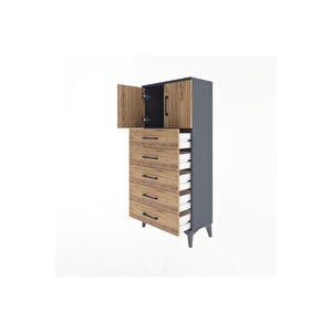 Arges Dolap Tek Raflı 4 Çekmeceli 2 Kapaklı 60x30x134 Antrasit-çam