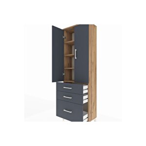 Arges Dolap 4 Raflı 3 Çekmeceli 2 Kapaklı 60x30x182 Çam-antrasit