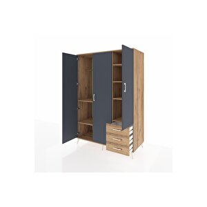 Kronos Dolap 6 Raflı 3 Çekmeceli Tek Askılı 132x59x195 Çam-antrasit/çam