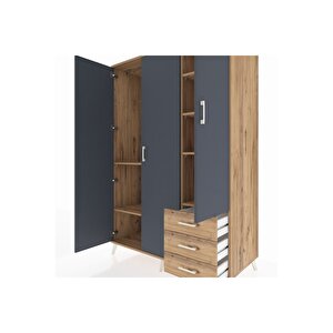 Kronos Dolap 6 Raflı 3 Çekmeceli Tek Askılı 132x59x195 Çam-antrasit/çam