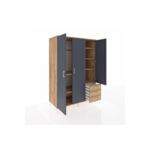 Kronos Dolap 6 Raflı 3 Çekmeceli Tek Askılı 132x59x195 Çam-antrasit/çam