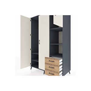 Kronos Dolap 5 Raflı 3 Çekmeceli Tek Askılı 132x59x195 Antrasit-aytaşı/çam