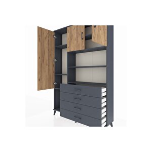 Arges Dolap 7 Raflı 4 Çekmeceli 3 Kapaklı 132x30x195 Antrasit-çam/antrasit