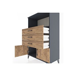 Hyperion Dolap Tek Raflı 3 Çekmeceli 2 Kapaklı 88x44x134 Antrasit-çam