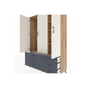 Hyperion Dolap 5 Raflı 6 Çekmeceli Tek Askılı 132x44x195 Çam-aytaşı/antrasit