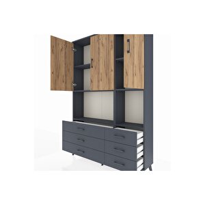 Arges Dolap 6 Raflı 6 Çekmeceli 3 Kapaklı 132x30x195 Antrasit-çam/antrasit
