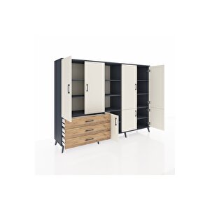 Hyperion Dolap 11 Raflı 3 Çekmeceli 7 Kapaklı 220x44x163 Antrasit-aytaşı/çam