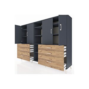 Hyperion Dolap 10 Raflı 6 Çekmeceli 4 Kapaklı 220x44x163 Antrasit-antrasit/çam