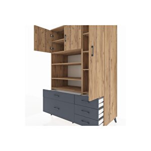 Kronos Dolap 9 Raflı 5 Çekmeceli 3 Kapaklı 132x59x195 Çam-çam/antrasit
