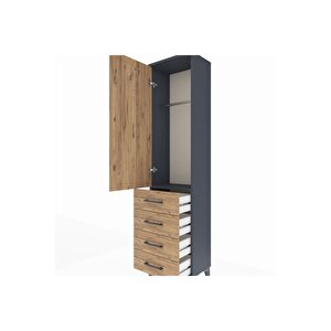Arges Dolap Tek Raflı 4 Çekmeceli Tek Askılı 44x30x182 Antrasit-çam