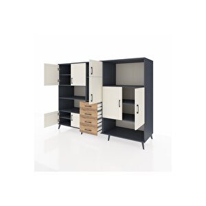 Kronos Dolap 10 Raflı 4 Çekmeceli 8 Kapaklı 220x59x163 Antrasit-aytaşı/çam