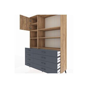 Hyperion Dolap 7 Raflı 8 Çekmeceli Tek Kapaklı  132x44x195 Çam-çam/antrasit