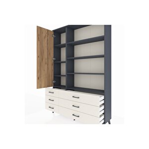 Arges Dolap 8 Raflı 6 Çekmeceli Tek Kapaklı  132x30x195 Antrasit-çam/aytaşı