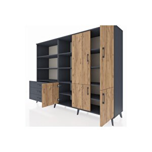 Hyperion Dolap 11 Raflı 3 Çekmeceli 5 Kapaklı 220x44x163 Antrasit-çam/antrasit