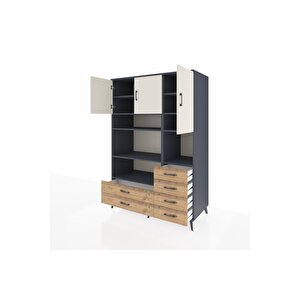 Kronos Dolap 9 Raflı 6 Çekmeceli 3 Kapaklı 132x59x195 Antrasit-aytaşı/çam