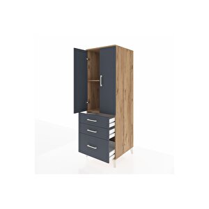 Kronos Dolap 2 Raflı 3 Çekmeceli 2 Kapaklı 60x59x182 Çam-antrasit