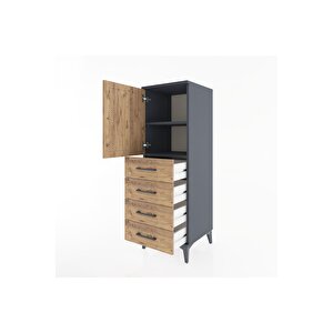 Hyperion Dolap 2 Raflı 4 Çekmeceli Tek Kapaklı 44x44x134 Antrasit-çam