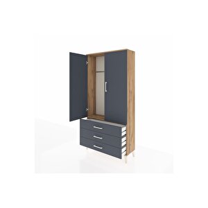 Arges Dolap Tek Raflı 3 Çekmeceli Tek Askılı 88x30x182 Çam-antrasit